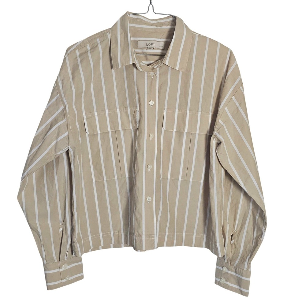 LOFT Petites Tan White Striped Cotton‎ Utility Button Down Shirt  MP Cropped